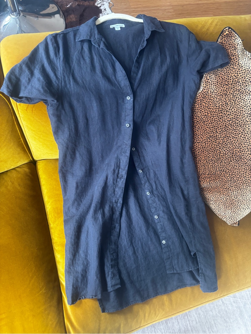 James Perse Navy Short-Sleeve Button-Down Linen Shirt Dress